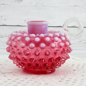 Vintage Fenton Handled Candle Holder Hobnail Cranberry (Opalescent)